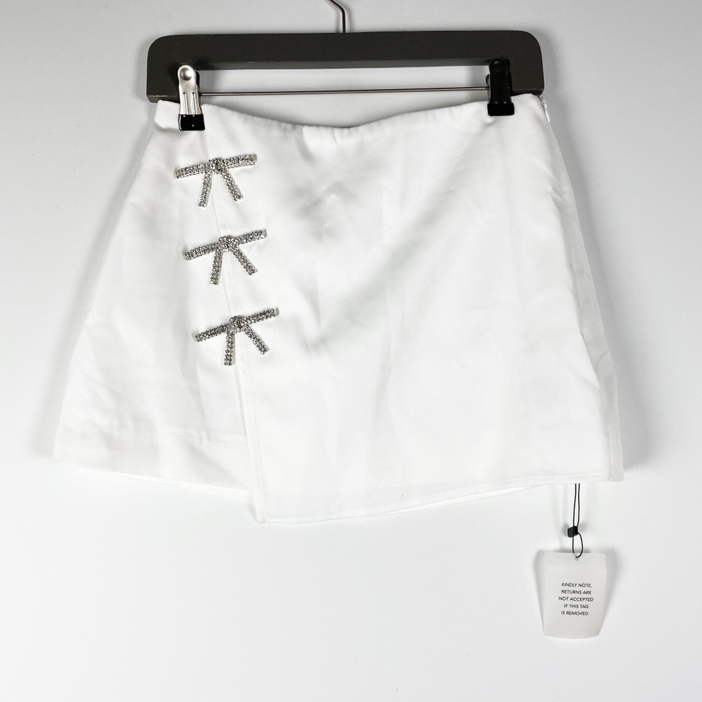 NEW More To Come Ember Faux Wrap Crystal Jewel Diamond Bow Mini Skirt White S